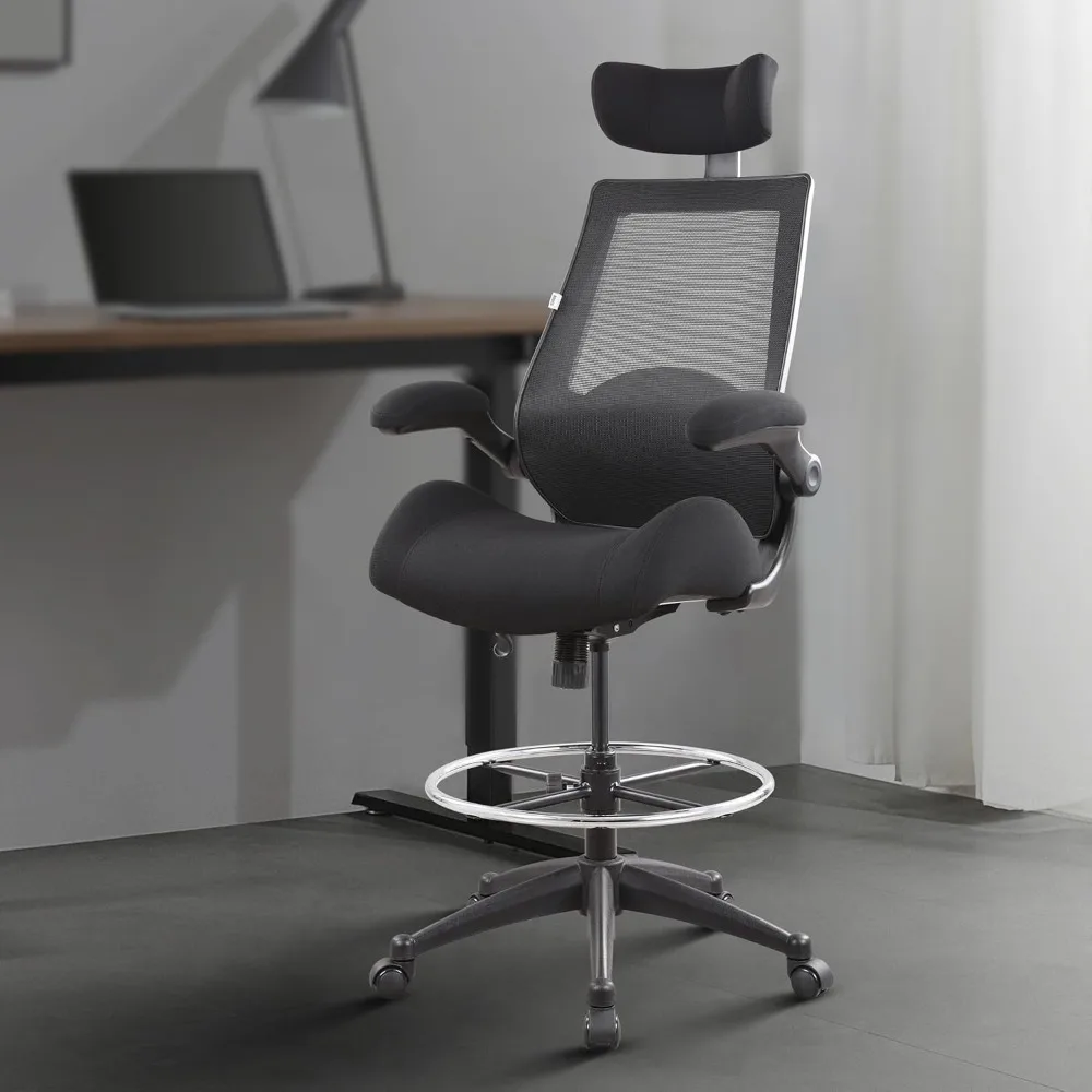 Silla de escritorio de dibujo de oficina ergonómica con respaldo alto de 400 libras reposacabezas ajustable, con brazos abatibles, soporte lumbar giratorio