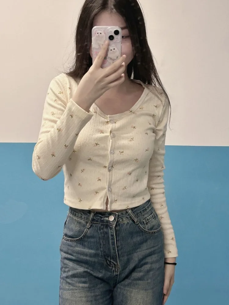 Deeptown Sweet Floral Shirts for Women Y2k Korean Cute Blouses Cropped Cotton Long Sleeve Cardigan Knitted Vintage Hollow Out