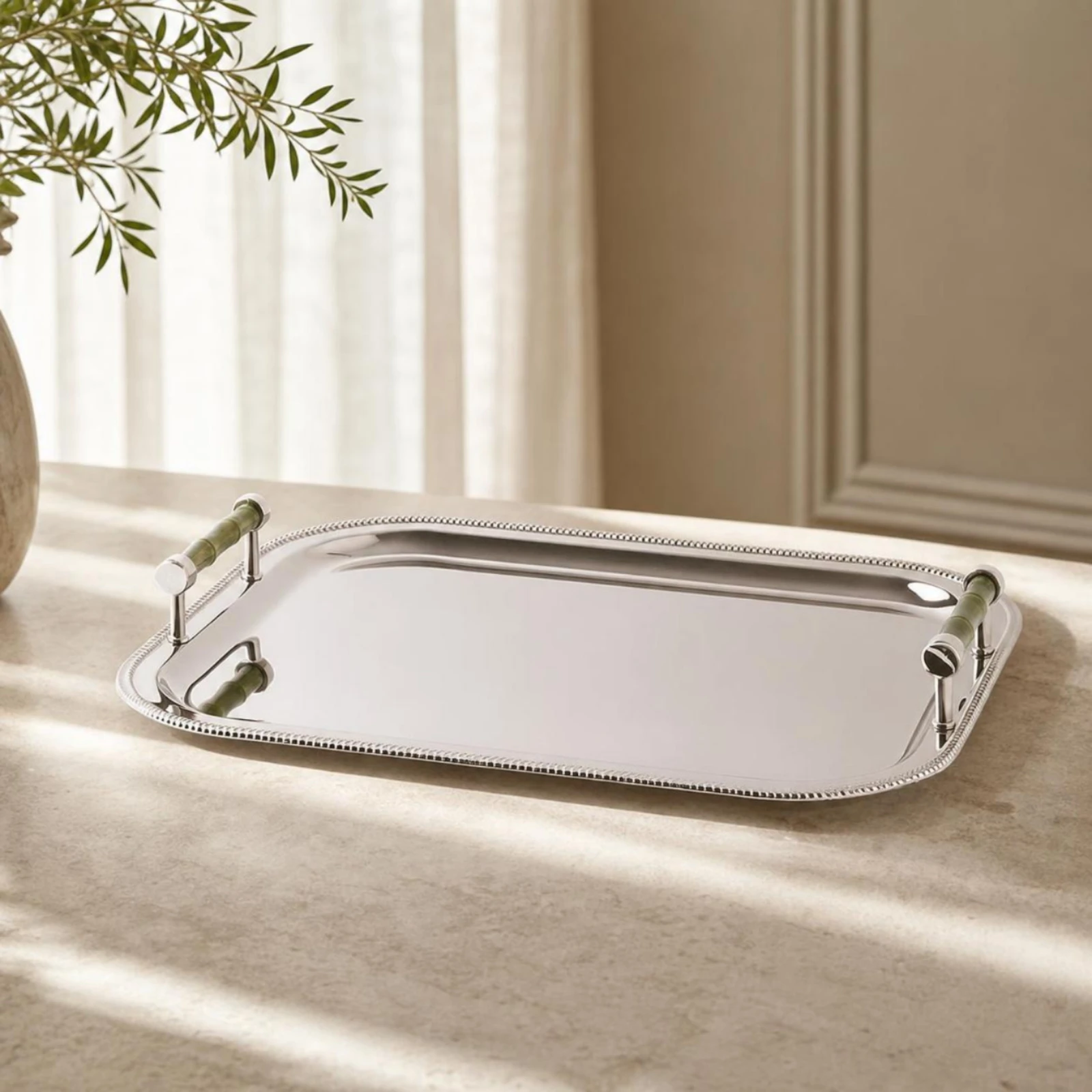 Stainless Steel Tray with Handles Polished Rectangular Tray with Handles Silver Elegant for Dining Table, Vanity