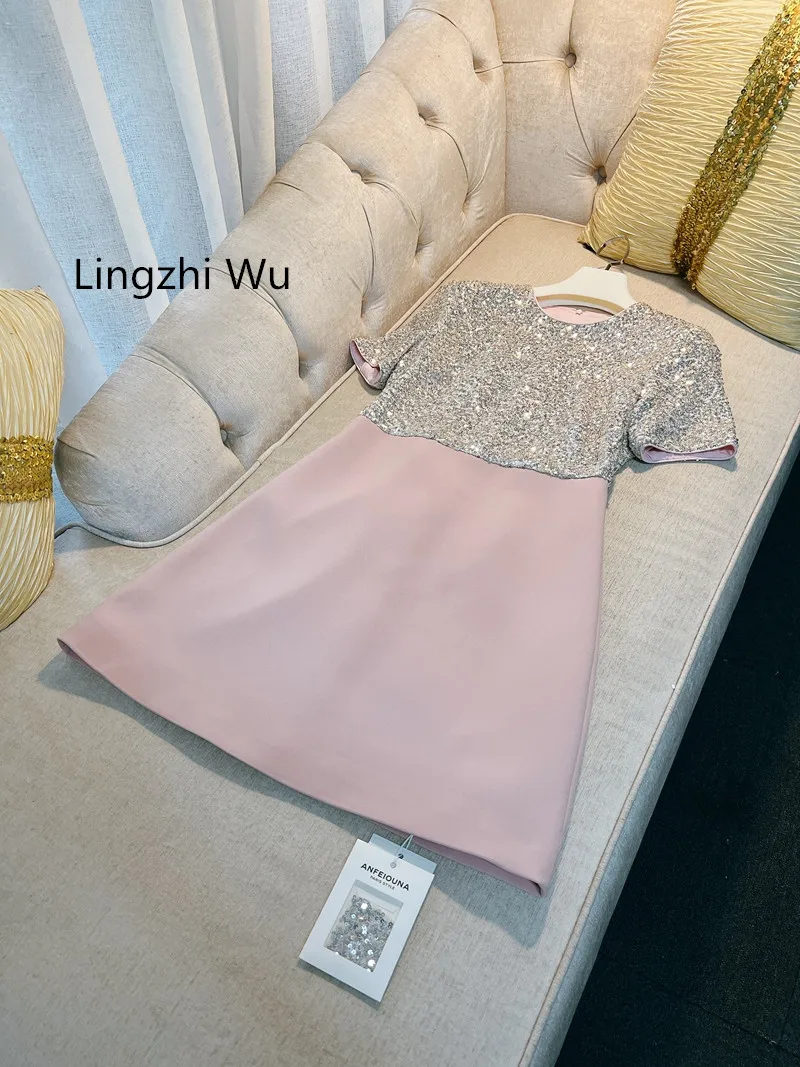 

Lingzhi Wu 2024 Summer Handmade Sequins Patchwork Pink Dress Ladies Elegant Vestidos Female O-NecK Short Sleeve Dresses Slim