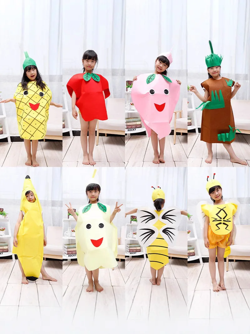 Criança/adulto unissex diversão multi frutas vegetais traje material não tecido roupas para cosplay dança frutas fantasia vestido de festa