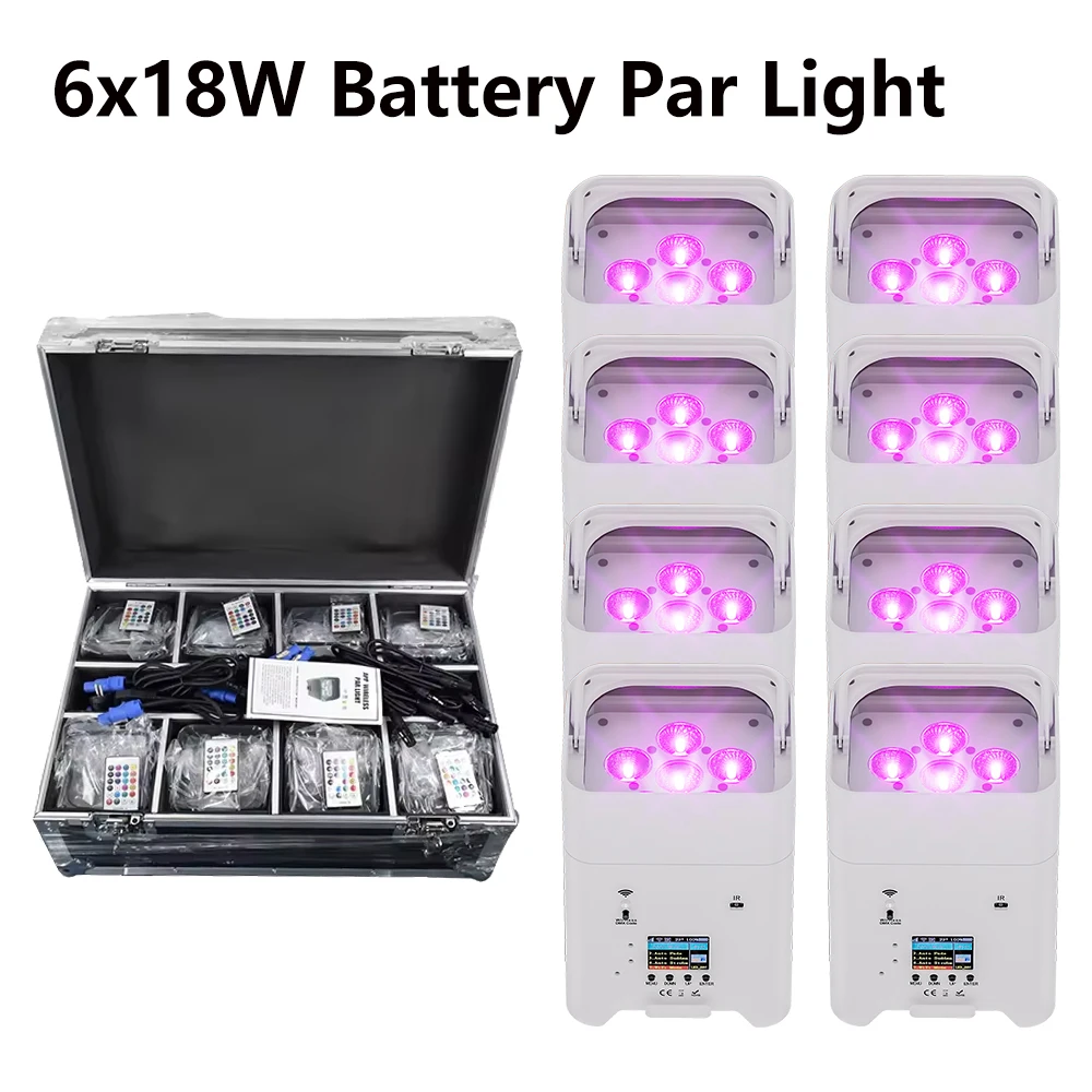 

8PSC Battery Par Lights With Flightcase Wireless Par Light Rechargeable Par Can 6x18W RGBWA+UV DMX512 Remote Control Stage Light