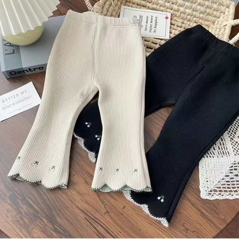 Children's Winter Solid Color Thin Knitted Girls' Open Front Pants Girls' Casual Pants Cherry Embroidered Fashion Pants