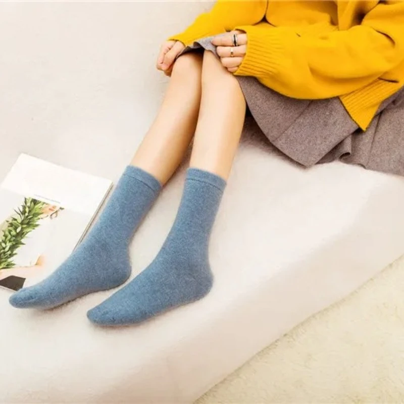 3 Pairs Pure Color Warm Winter Socks Angora Rabbit Hair Female Thickening Wool Socks Cotton Rabbit Wool Socks Calcetines Winter