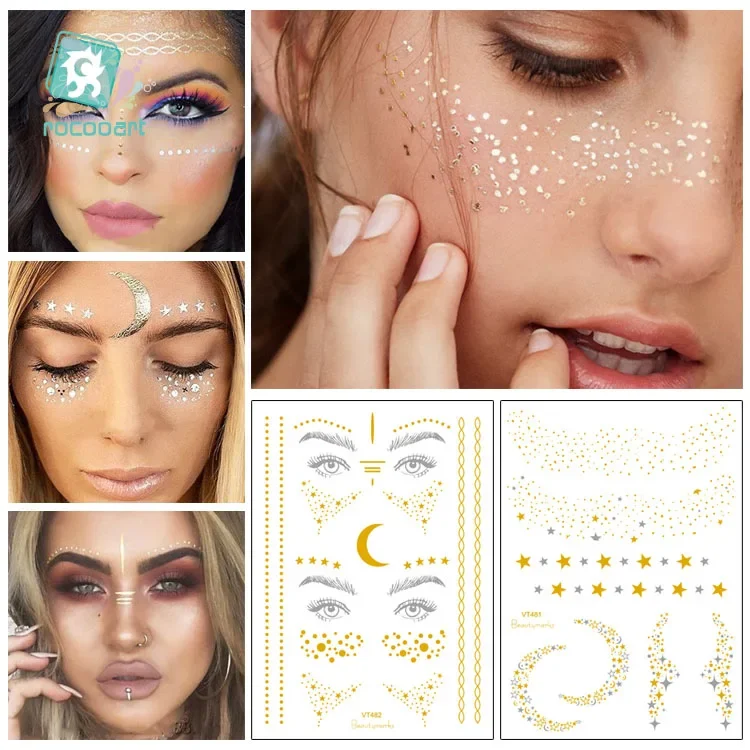 Rocooart Gold Face Tattoo Freckles Make Up  Eye Flash Taty Body Art Waterproof Temporary Tattoo Stickers Party Tattoo