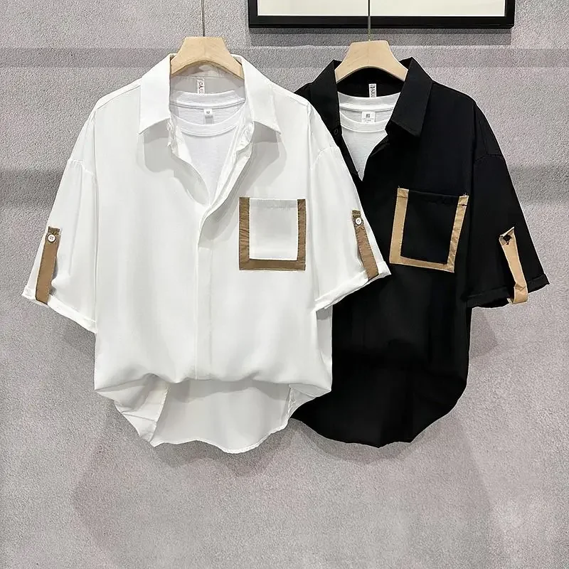 Contrast Color Loose Short Sleeve Male Shirts Aesthetic Korean Popular Clothes Fashion Man 2026 Casual With Sleeves Men's Shirt
