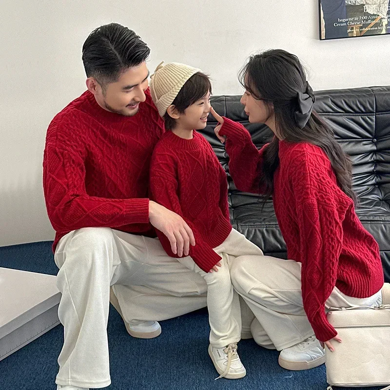 New Year Sweater Knitted Red Jumper Family Warm Father Mother and Daughter Son Matching Clothes Winter Parent-child Christmas