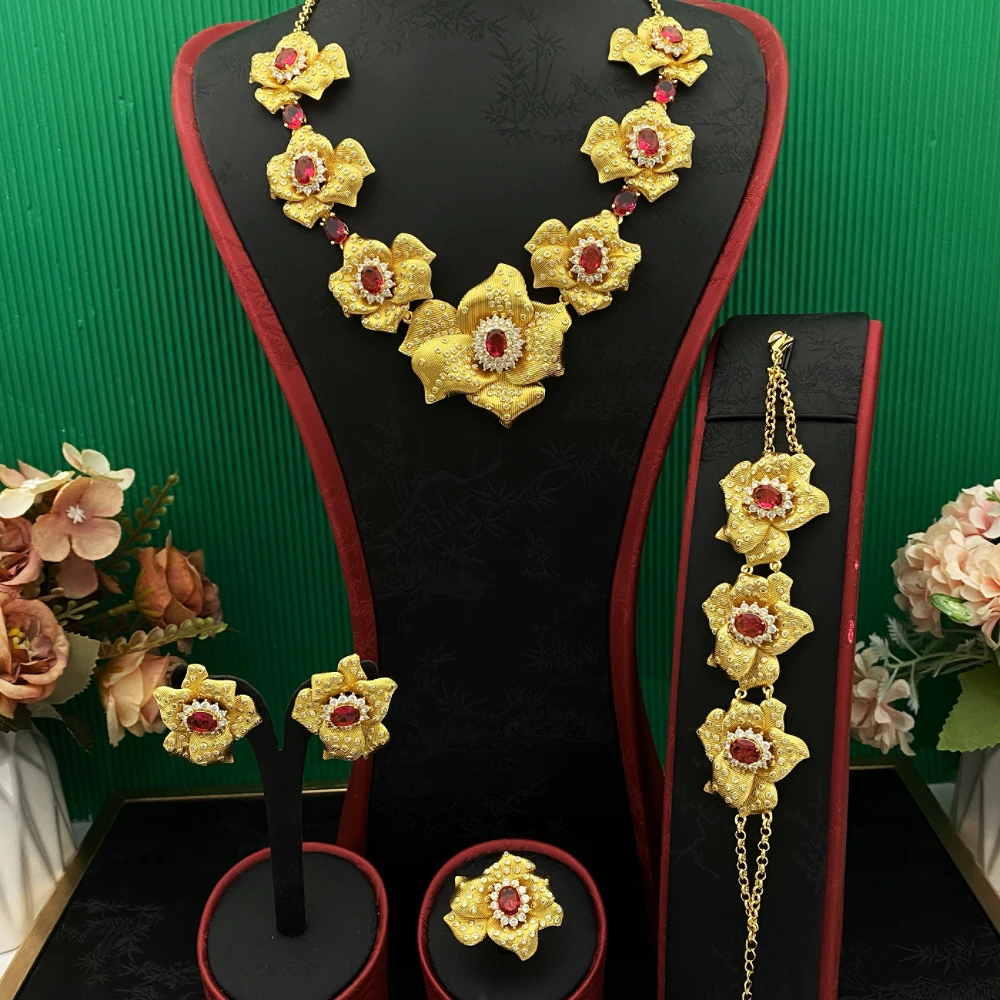 

Falair Jewelry Set for Women Artificial Zircon Gold Plated Necklace Big Flower Pendant Luxury Earrings Bracelet Ring Wedding