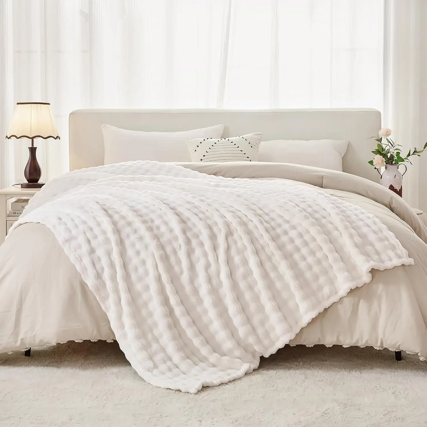 3D Bubble Weiße Plüschdecken Strukturierte Flanell-Fleece-Decken Weiche Warme Gemütliche Decke Couchdecke Weihnachtsgeschenk Wurfdecken – Detail 4