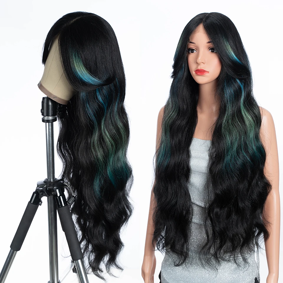 Synthetic Lace Front Wigs for Women 34 inches Long Wavy Wig With Bangs Ombre Brown Colorful Lace Wig Heat Resistant Cosplay Wigs