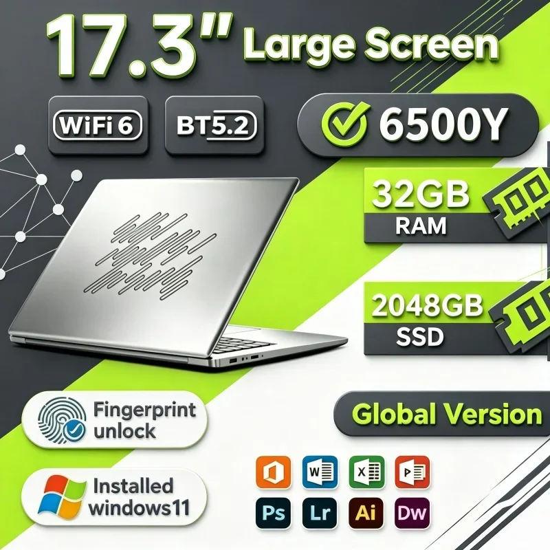 New 17.3" Laptop Intel Core 6500Y 32GB RAM 2TB SSD Fingerprint Recognition Adept Notebook PC