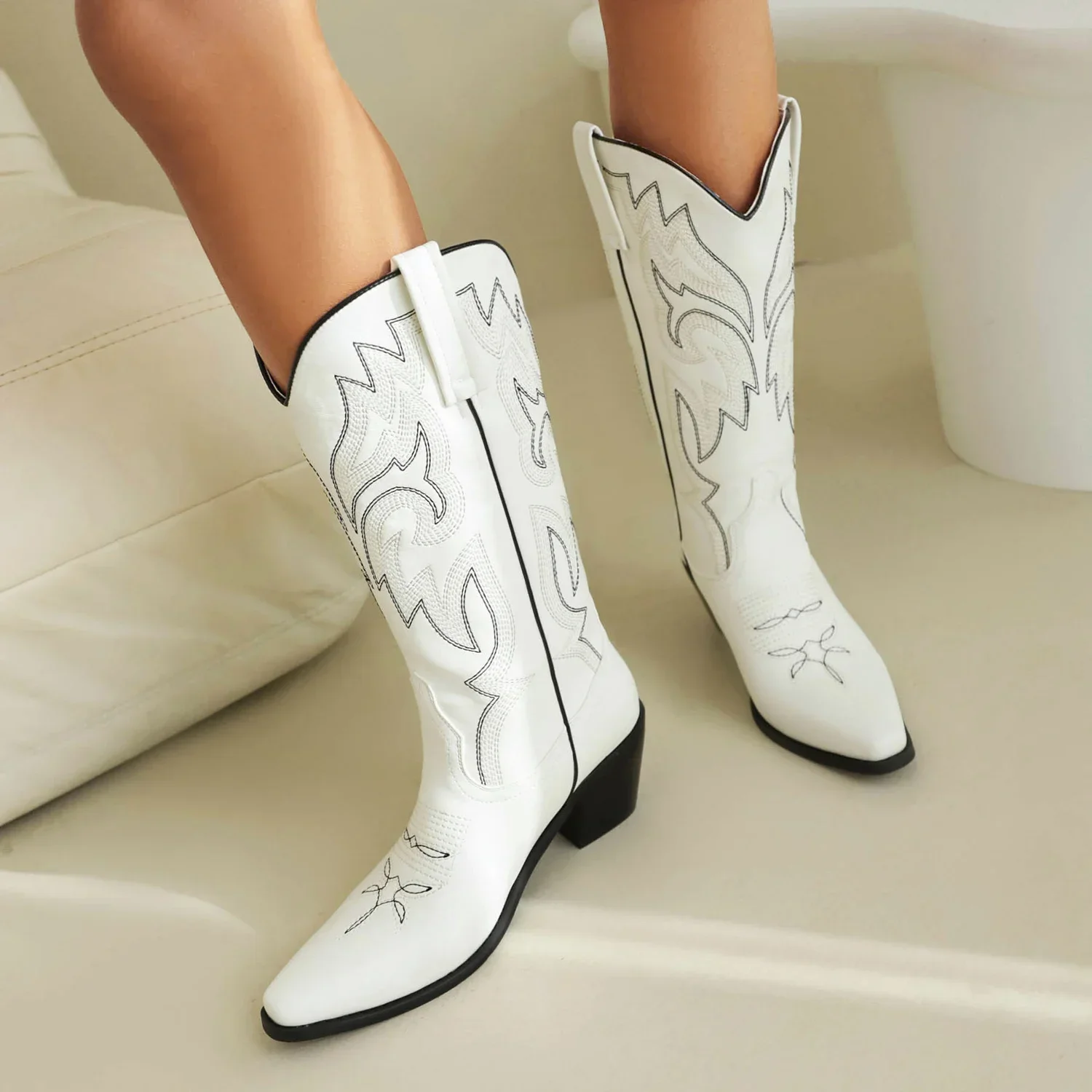 Western Mid-calf Cowboy Boots for Women High Block Heels Blue Purple White Party Dress Lady Retro Square Toe Cowgirl Half Boots