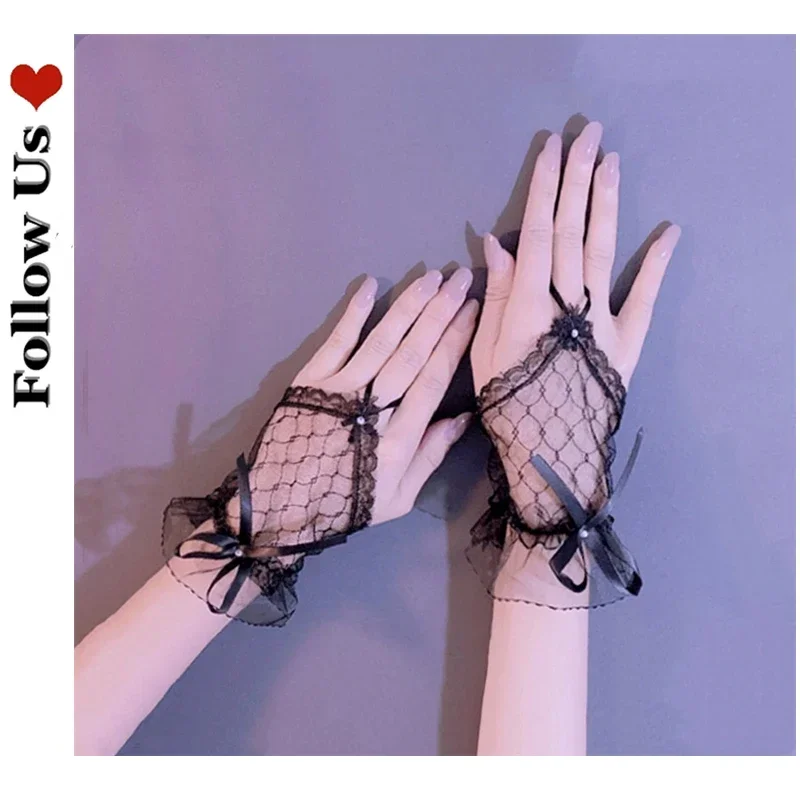 

Gothic Short Black Gloves Female Harajuku Lace Bridal Wedding Halloween Lolita Dress Net Gauze Bow Hand Sleeve Fishnet Gloves