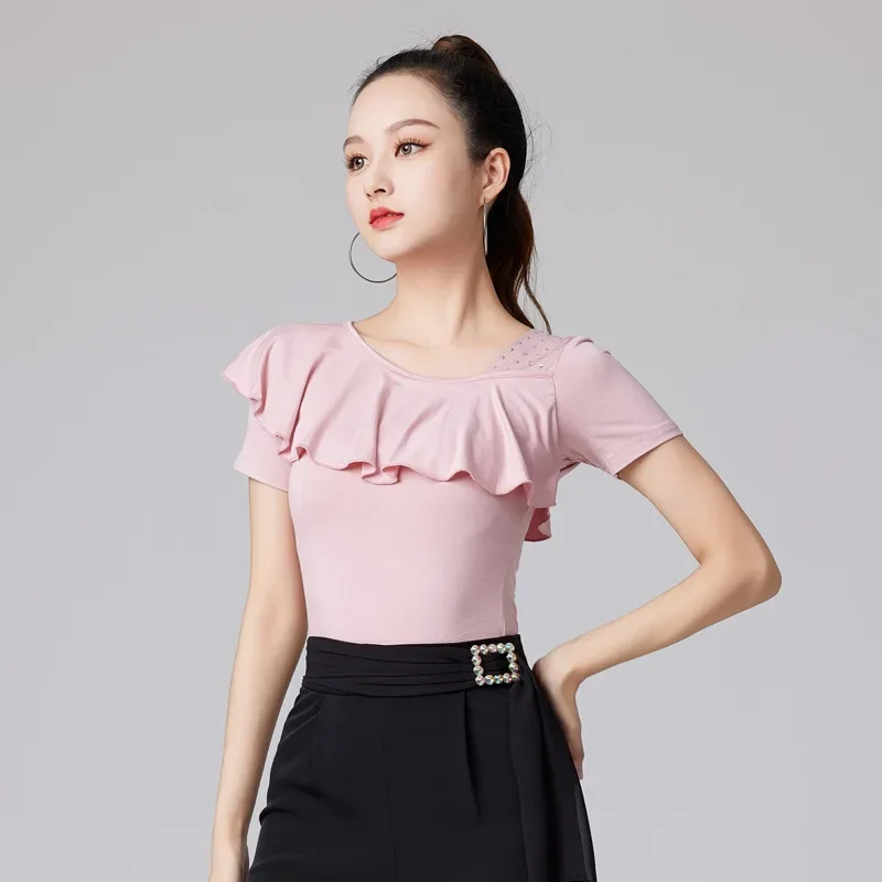 Wear Waltz 2024 New Belly Woman Short Sleeve Ruffle T-shirt Solid Color Latin Dance Costume Evening Tops Tango Jazz Rhinestones