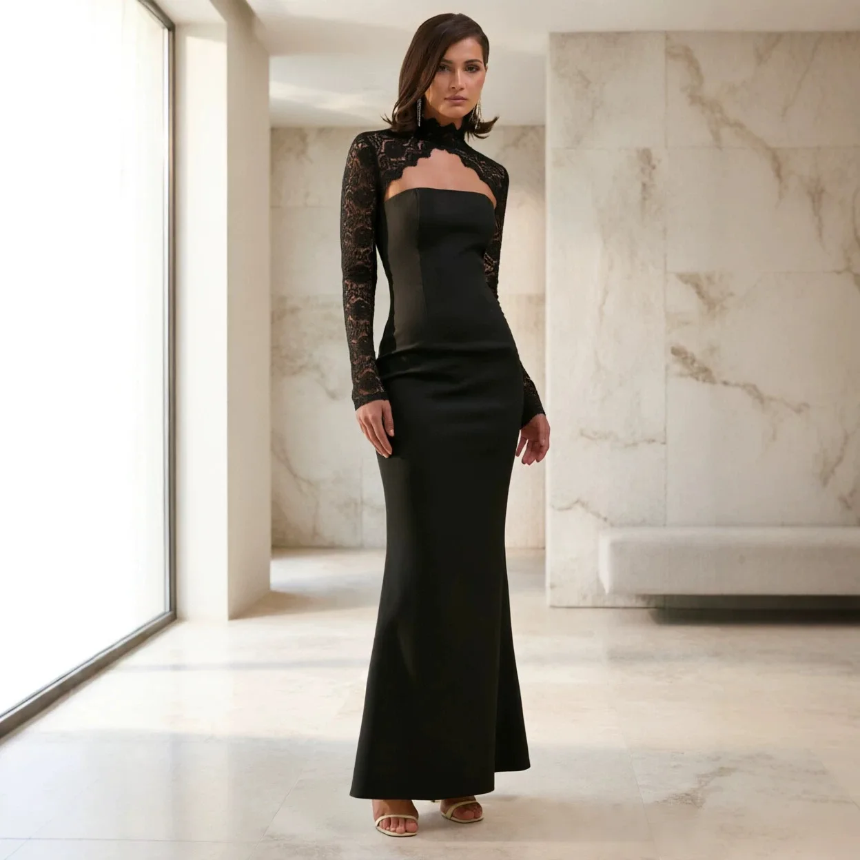 D756ds Premium Black Cutout. Front Backless Wavy Lace Tailored Smart Fit Mermaid Long Clothes Summer Maxi Dress Outfits Clothing