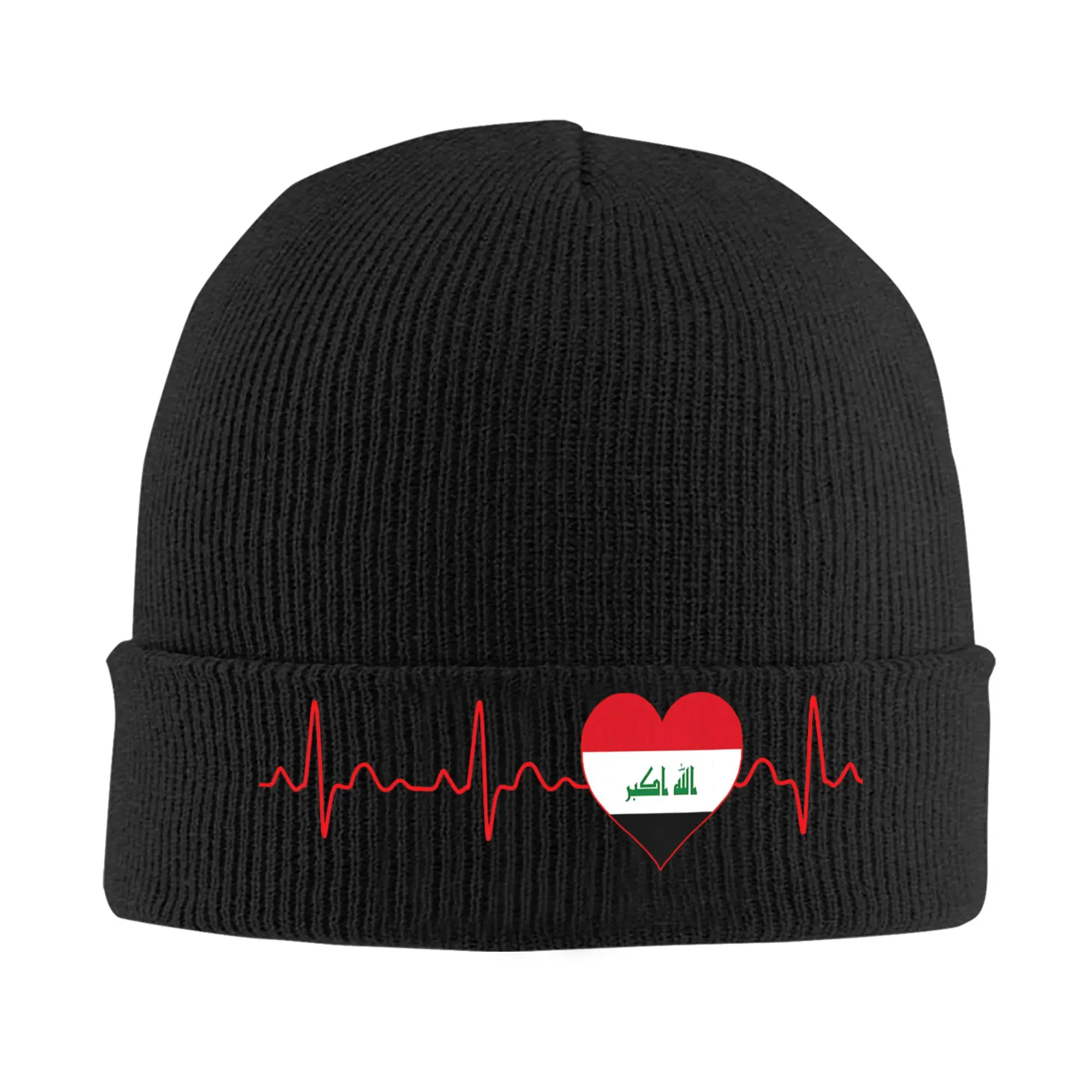 Iraq Flag Heartbeat EKG Knitted Hat for Women Men Beanies Winter Hat  Warm Melon Cap