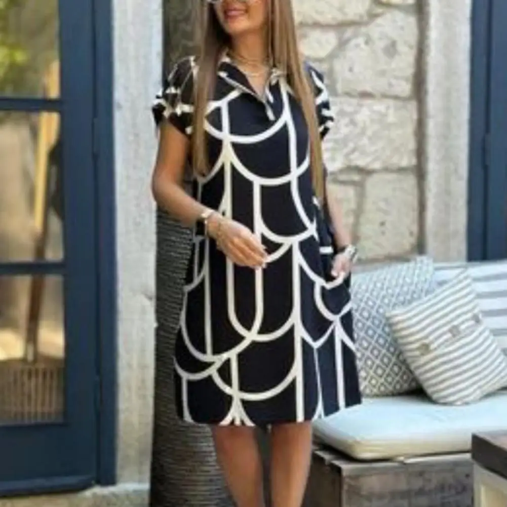 

Dress Stylish Summer Midi Dress with Turn-down Collar Colorful Print Side Pockets for Women Knee Length Office Wear Women