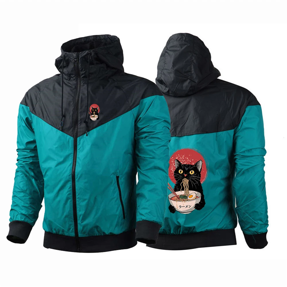 2025 New Men Noodle Ramen Cat Printing Five-Color Windbreaker Spring And Autumn Fashion Harajuku Zipper Jacket Tops