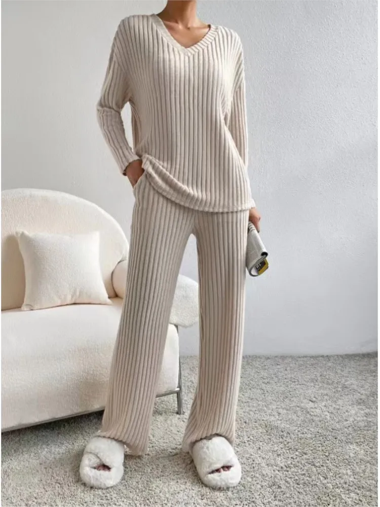 2023 Autumn Winter Loose Casual V Neck Pit Stripe Knitted Set Fashion Solid Long Sleeve Top Straight Tube Pants Two Piece Sets