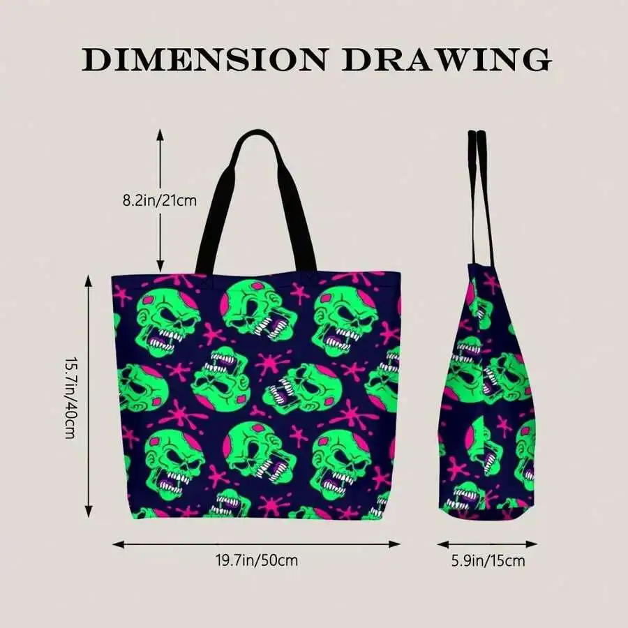 Neon Green Skull Pattern Tote Bag For Adults Halloween Goth Style Shopping Travel Bag
