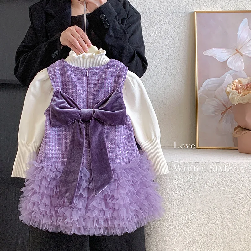 

Toddler Girls 2piece Set New Winter Bow Velet Kids Baby Girl Warm Mesh Princess Dress Puff Sleeve Turtleneck Infant Girl Sweater