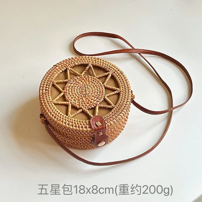 

Summer Rattan Woven Small Round Bag Vintage Square Bags Handmade Hollow Bucket Bag Women's Beach Single Shoulder Crossbody Bag
