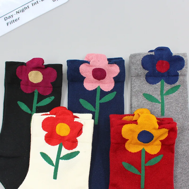 

5pairs/lot! Women Socks Japanese Korean Style Cartoon Flower Candy Color Harajuku Kawaii Mid Tube Socks Breathable Casual Socks