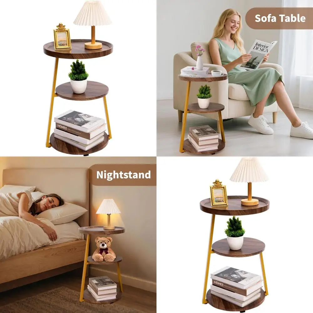 

Walnut 3-Tier Round Side Table with Storage Shelf for Living Room, Bedroom, Office, and Apartment
