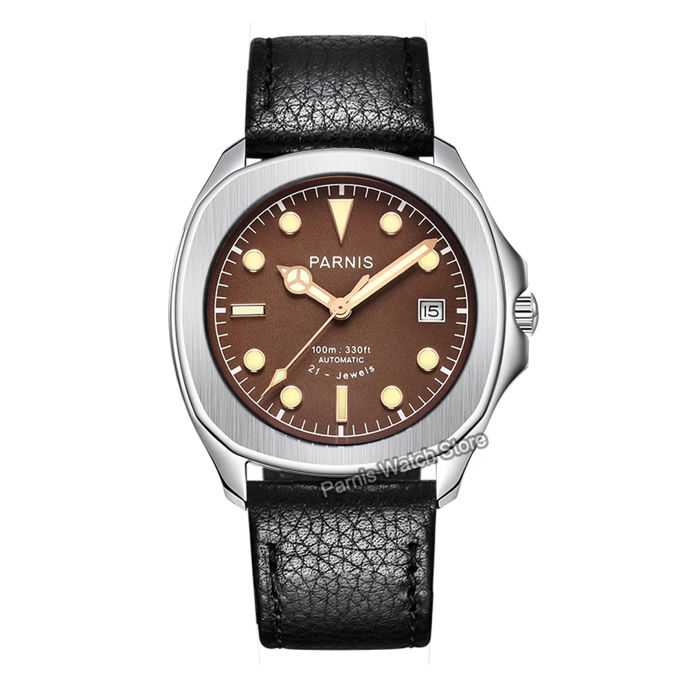 Parnis 39mm Geen Dial Mens นาฬิกาข้อมือคริสตัลแซฟไฟร์สแตนเลสสตีลนาฬิกาอัตโนมัติพร้อมสายหนัง