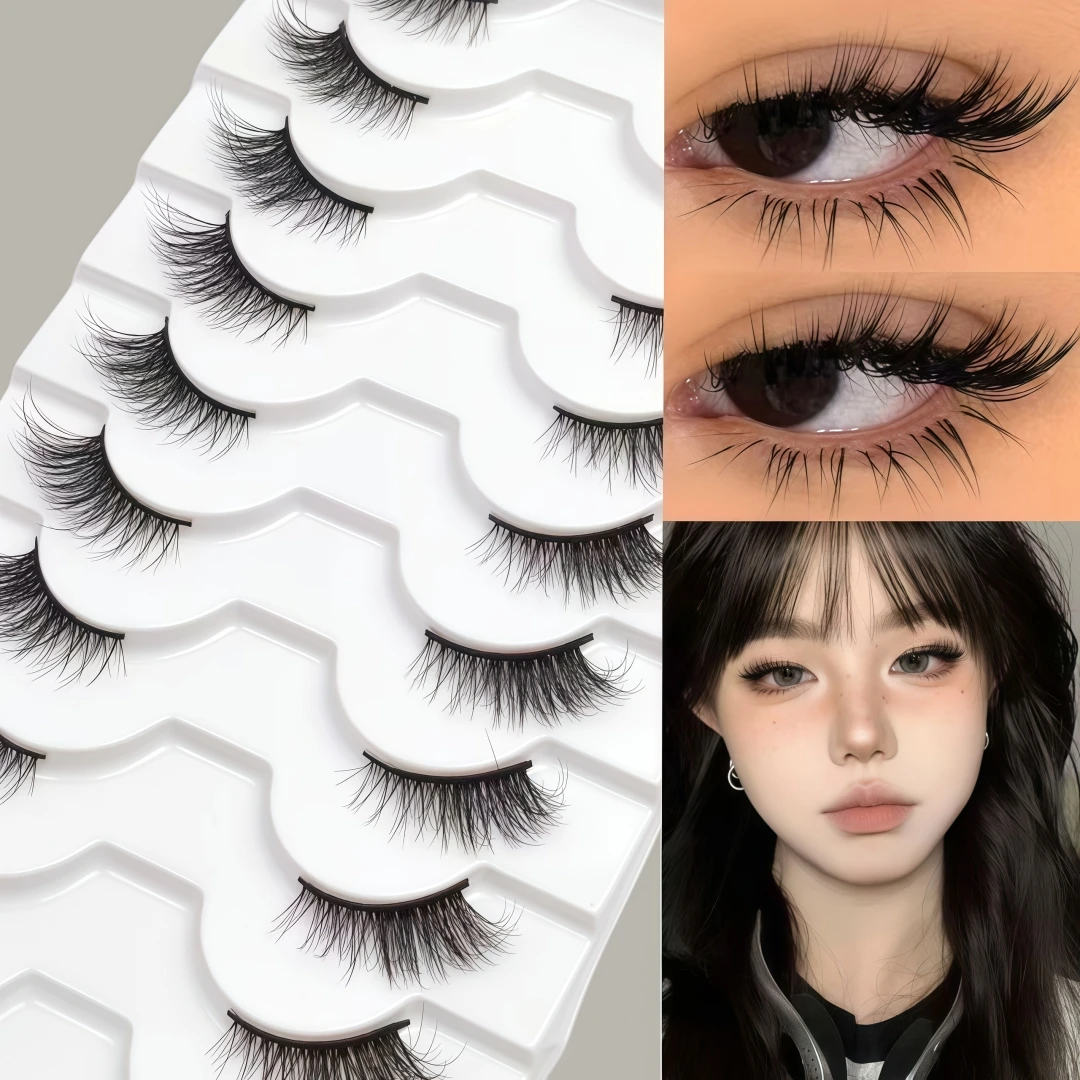 10 Paar halbstreifenförmige falsche Wimpern mit schwarzem Band, leichte, realistische falsche Wimpern im europäischen Stil, gemischtfarbige Little Cat Ey Wimpern