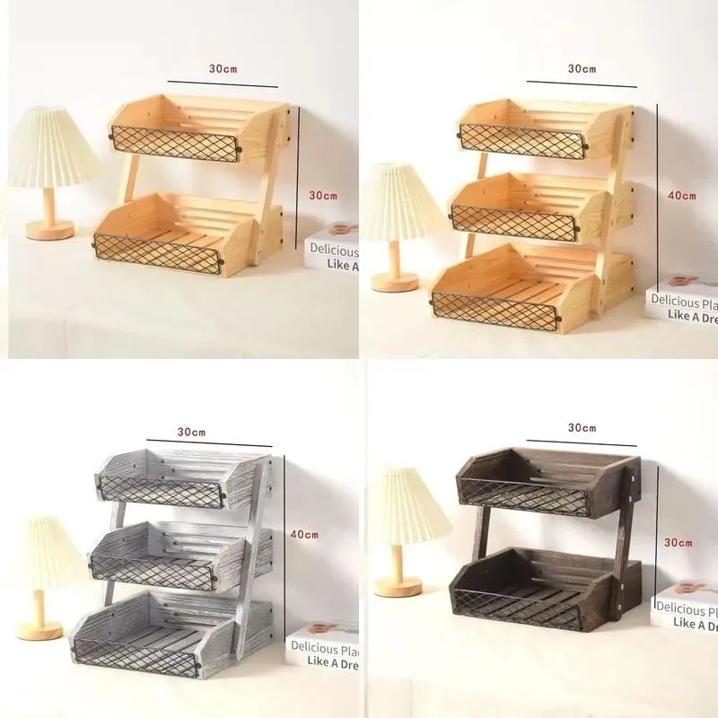 Retro Double Layer Wooden Removable Tableware Storage Cabinet Stepped Wall Mounted Display Shelf Household Organizer Box