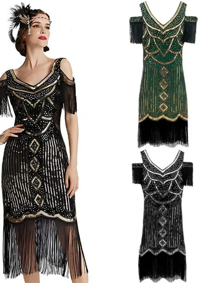 

Вечернее платье в стиле ретро 920-х годов с блестками и кисточками в стиле Гэтсби, блестящее коктейльное платье с юбкой и блестками, женская мода