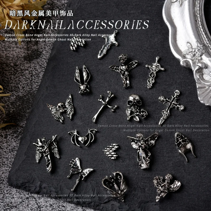 

New Hot Sale 10pcs Nail Art Dark Punk Style Alloy Series Angel Wings Cross Skull Metal Set DIY Nail Jewelry Accessories