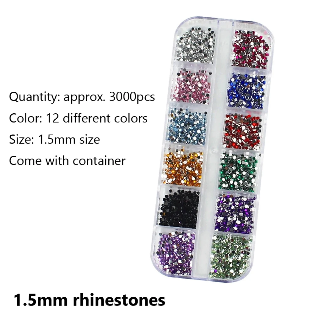 1.5 ملم أحجار الراين مسمار كريستال مستدير ملون يلمع مع حافظة لتزيين الأظافر بنفسك