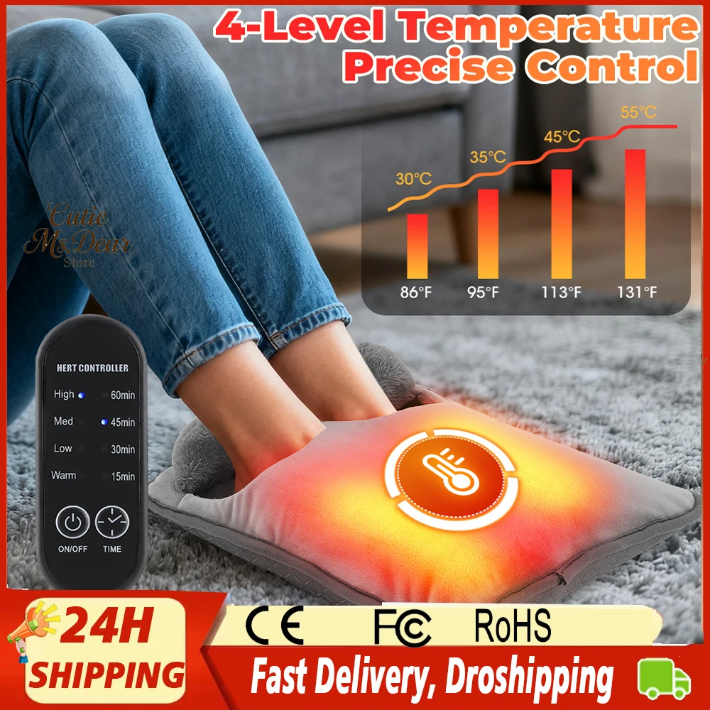 

Portability Electric Foot Heating Pad Soft Plush Foot Warmer Heater with 4 Heat Levels & 4 Timers Fast Heating For Home, Office,