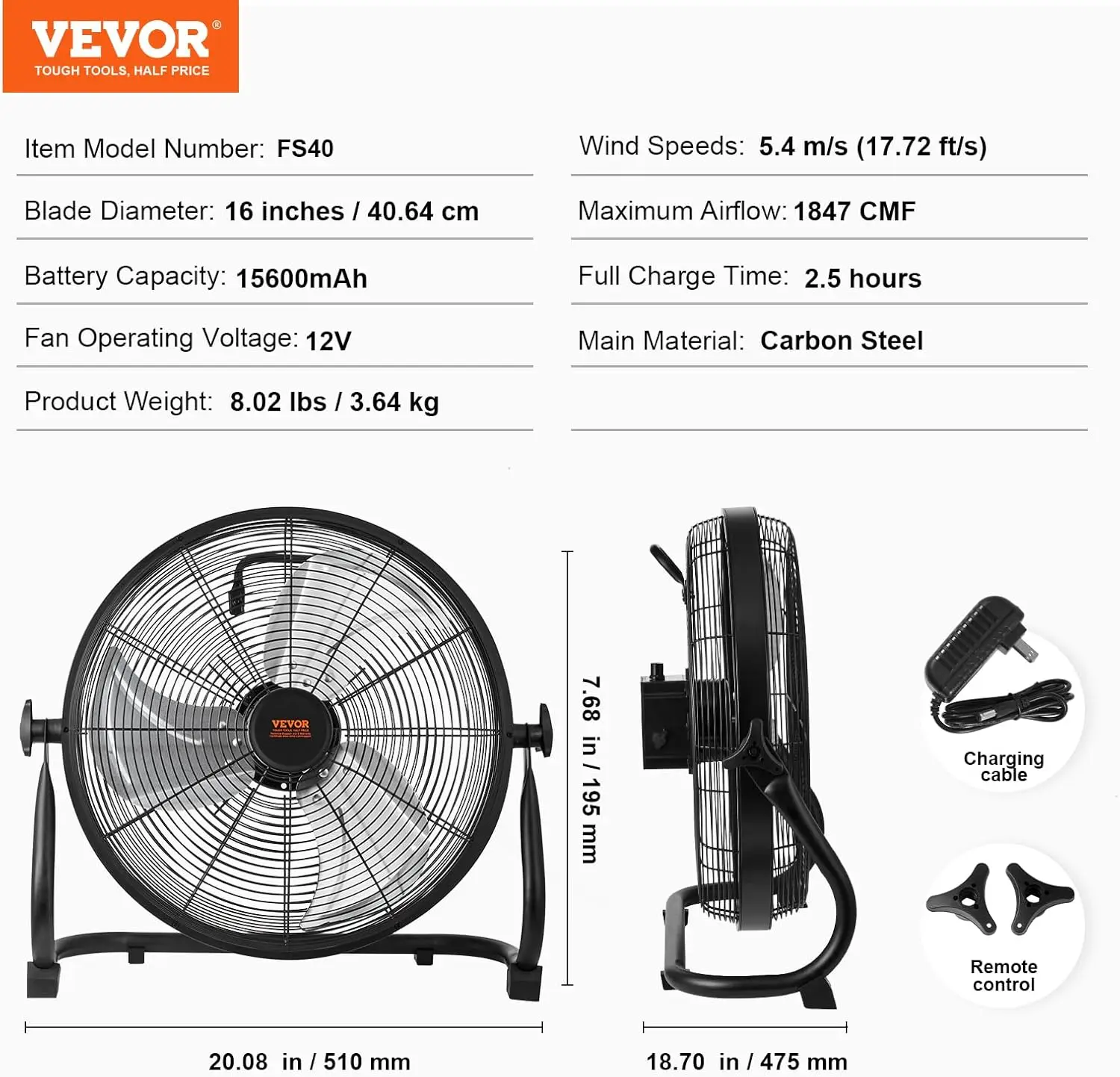 Ventilador de piso recarregável para casa ou escritório, ventilador pessoal silencioso portátil, 360 graus cabeça giratória manual, 16 in