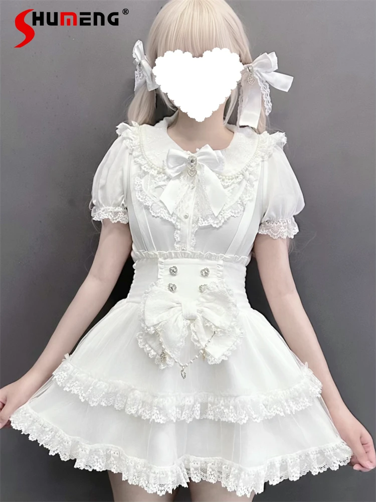 

Оригинальный комплект юбок в японском стиле Mines, кружевной кукольный воротник, рубашка с пышными рукавами, высокая талия, бант, сердце, ромбовидный ремешок, мини-юбка для женщин