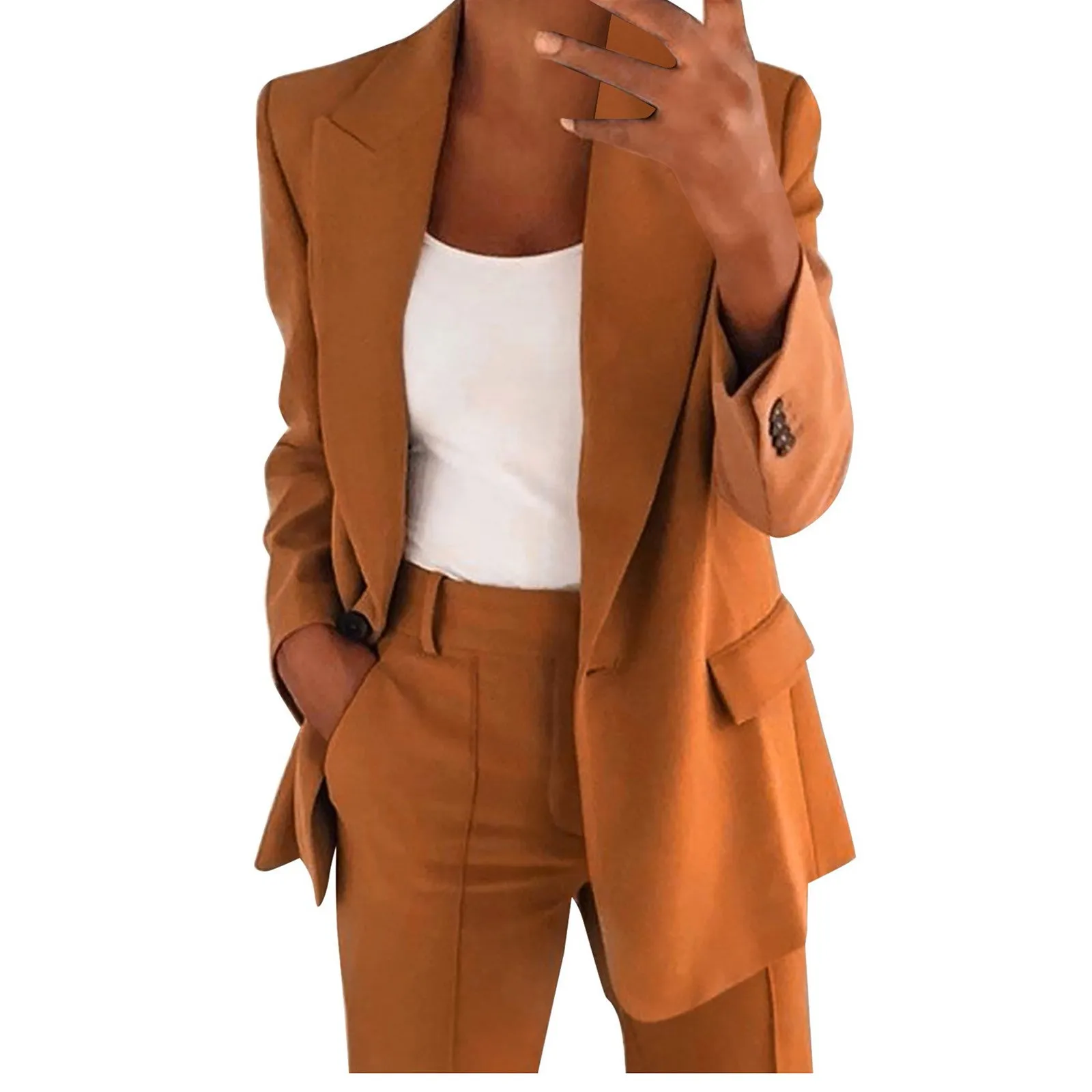 Women\'s Two Piece Lapels Suit Set Office Business Long Sleeve Button Formal Jacket + Pant Suit Slim Loose Trouser Suits Femme