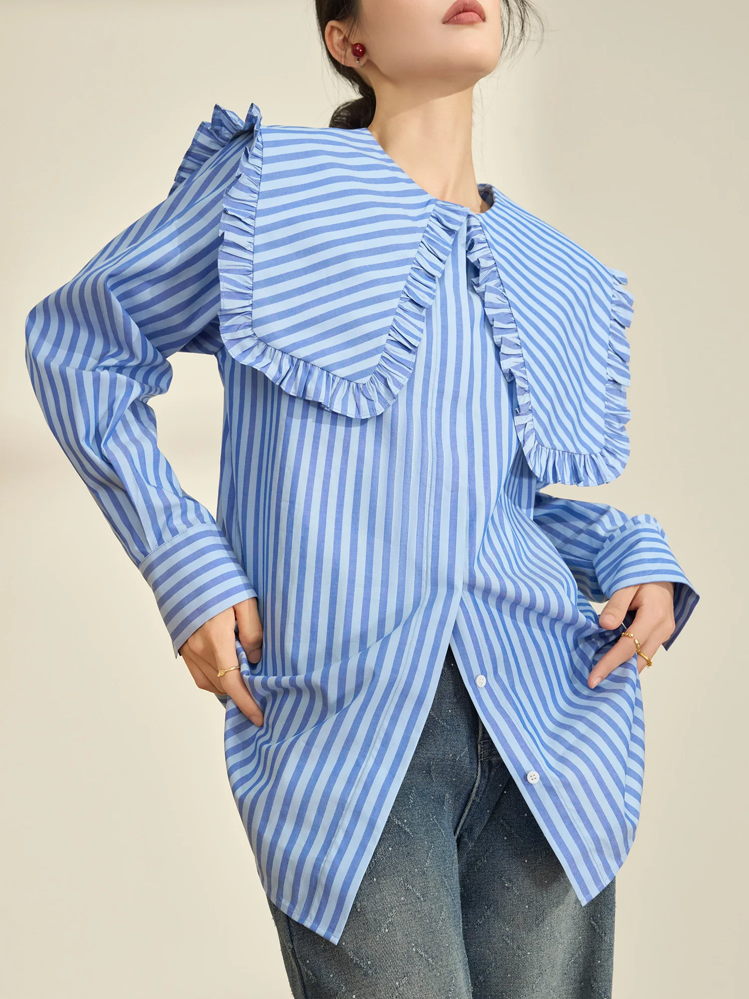

Blue Striped Long Sve Women's irt Flowing Era Design Commute Sle Loose Fit Polyester Fiber Breathable Spring Faion