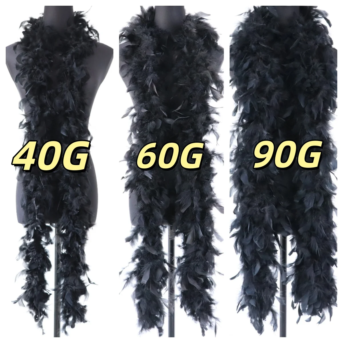 Flauschige schwarze Truthahnfederboa 40G 60G 90G 2M Chandelle-Schal für Karnevalsparty-Kostüm-Accessoires.