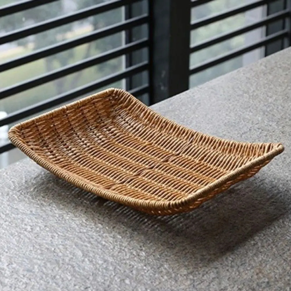 

New Handwoven Food Plate Ellipse Shape Solid Woven Serving Baskets Plastic Rattan Serving Plate Storage Fruit Vegetable Cake