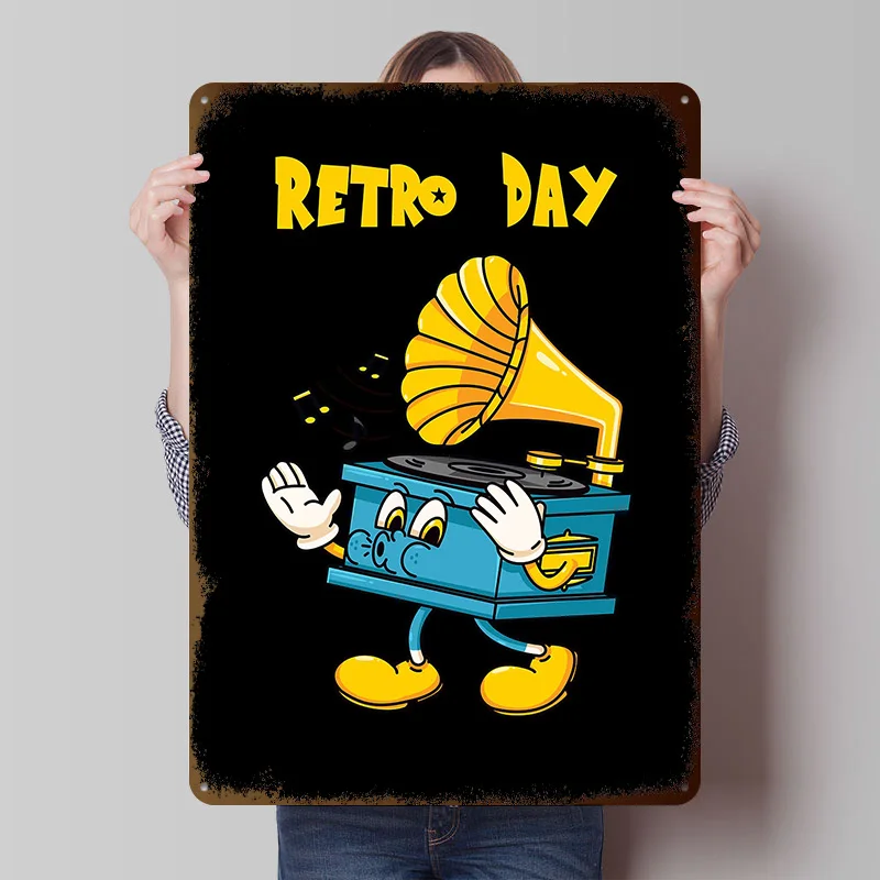 Retro Day Cartoon Gramophone Printing Poster Customized Retro Wall Art Vintage Metal Signs for Gamer Room Decoration At Home
