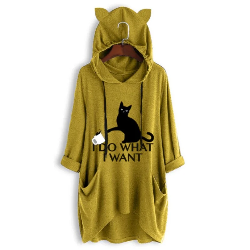 2024 New Loose Large Knitted Hoodie Long Sleeved Hooded Irregular Cat Print Women\'s Wear