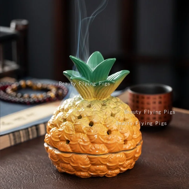 1pc Creative Pineapple Ceramic Incense Burner Hollow‑Out Censer for Cone Stick Incense Home Zen Aromatherapy Decor Ornament