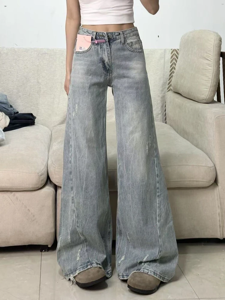 

Женские джинсовые брюки с высокой талией и широкими штанинами в стиле ретро, летние 2025, свободные брюки с узором «Серп и колос»