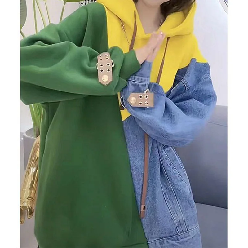 2022  Hooded  sweater  Loose plus  size  Female  Autumn    Winter  Casual  Denim  stitching   wild Long  Hoodie