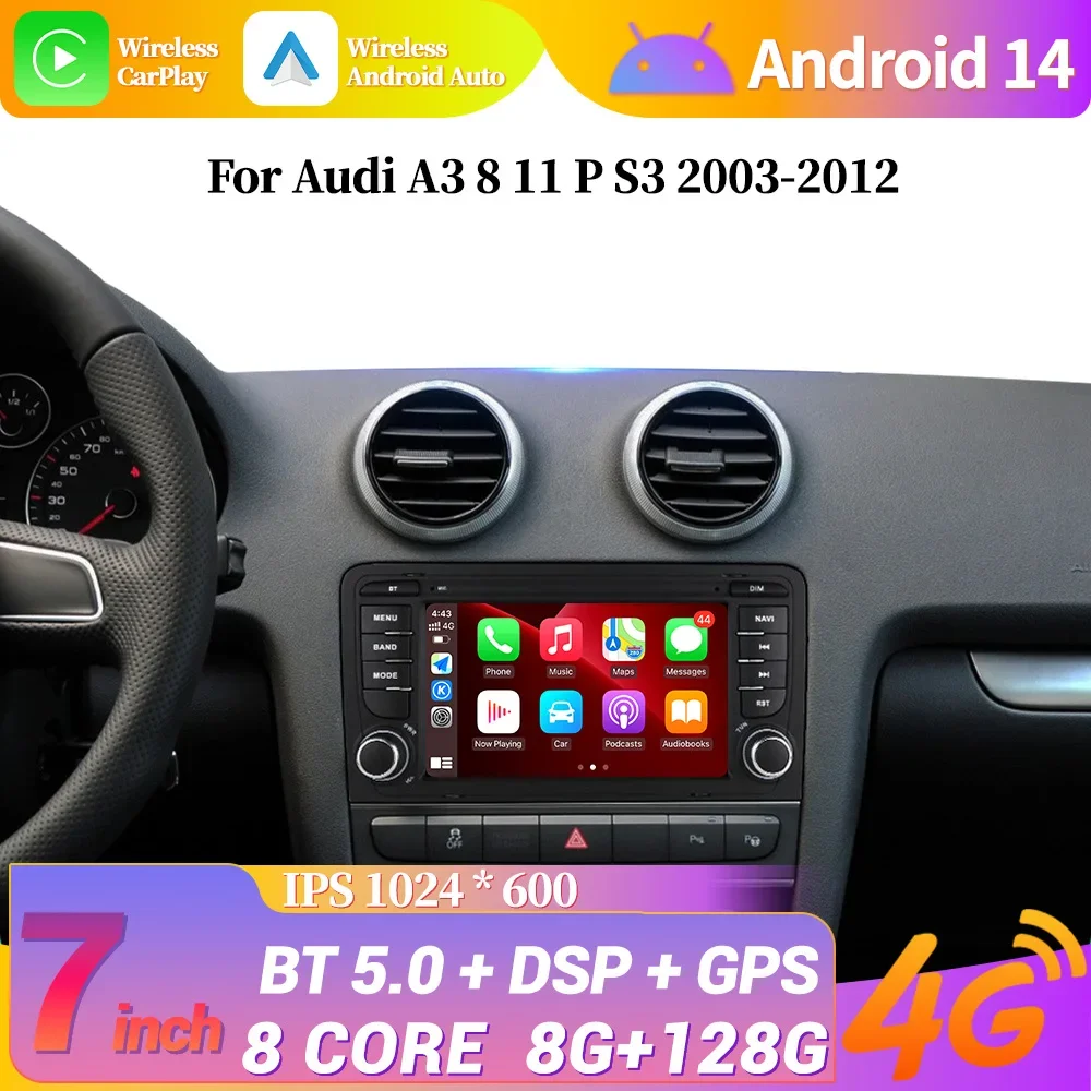 2 Din Android 12 Car Multimedia Apple Carplay For Audi A3 8 11 P S3 2003-2012 Sportback Radio GPS Navigation Stereo Screen