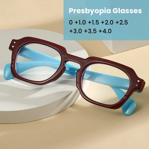 Gafas de presbicia con montura grande y gruesa, lentes de alta calidad con contraste de pierna de primavera, antiluz azul