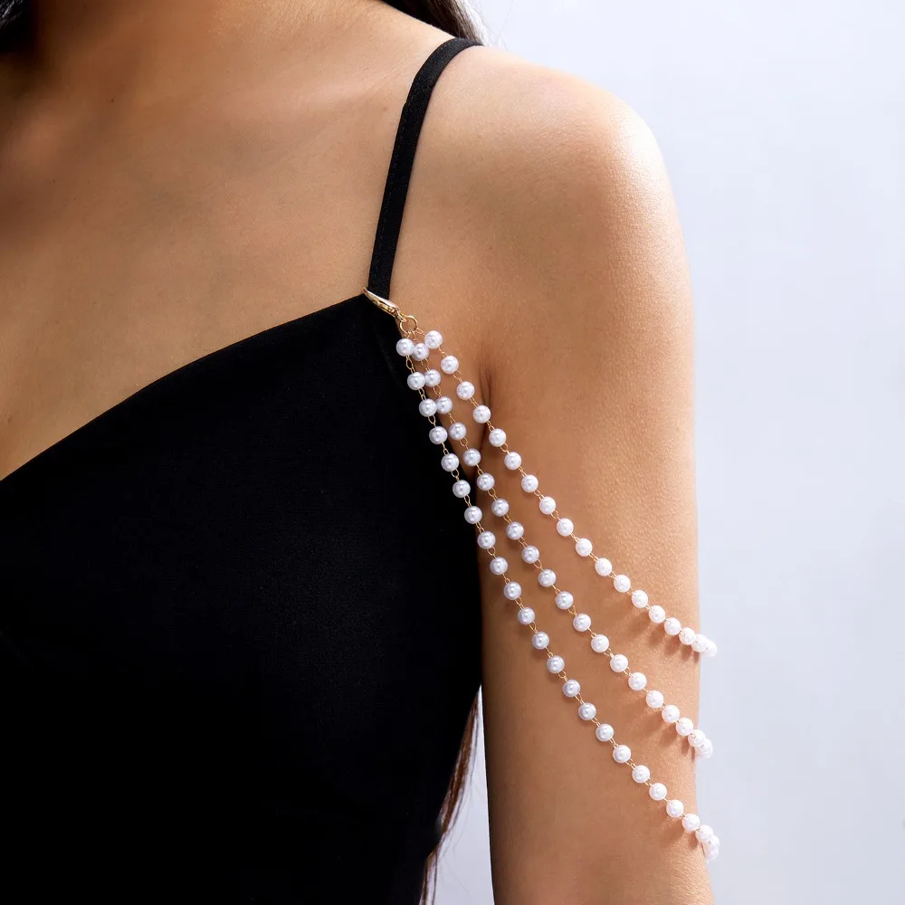 Retro Sexy Women Body Chain Multilayer Imitation Pearl Shoulder Chain Pearl Rice Beads Sweater Long Chain Body Jewelry