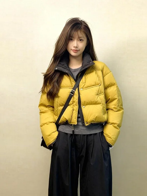 

Korean Style Short Yellow Cotton Jacket Women's Fashionable Winter Outerwear Stand Collar Warm Versatile Thickened Zipper